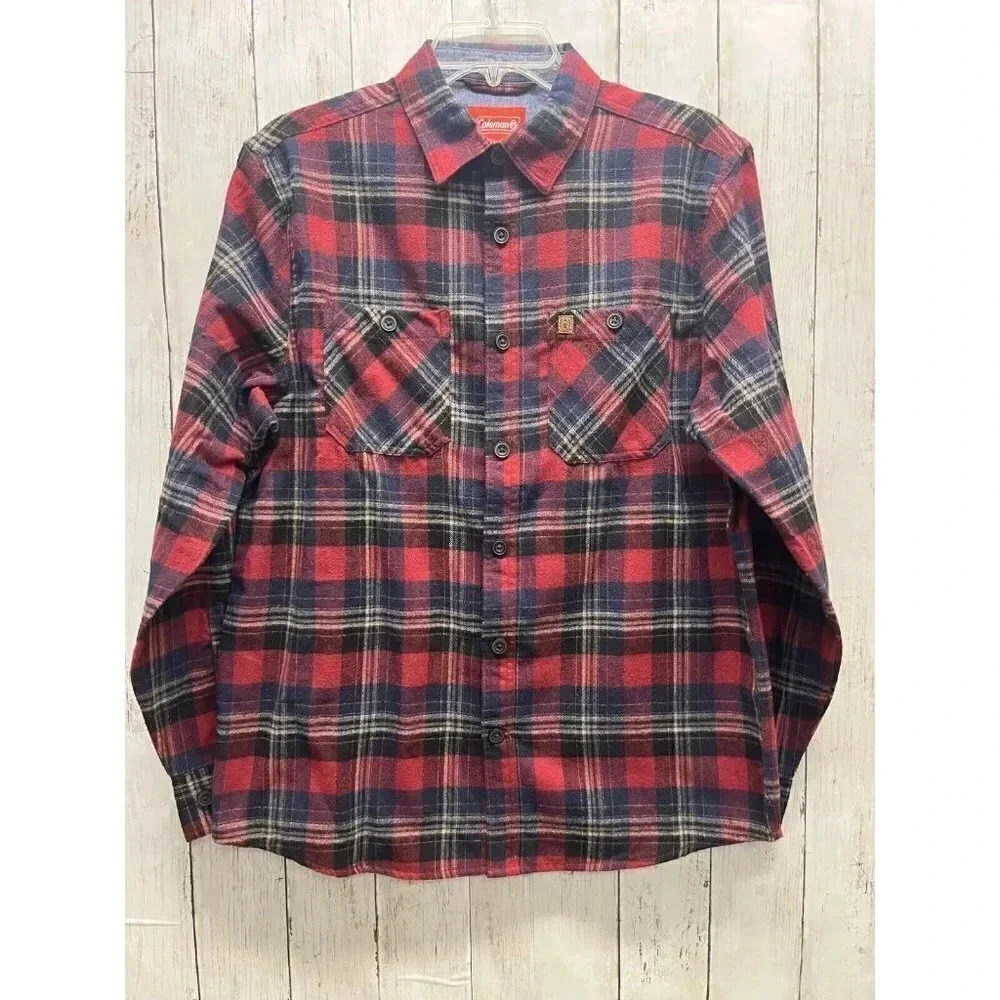 COLEMAN MENS SIZE M RED BLUE PLAD FLANNEL SHIRT